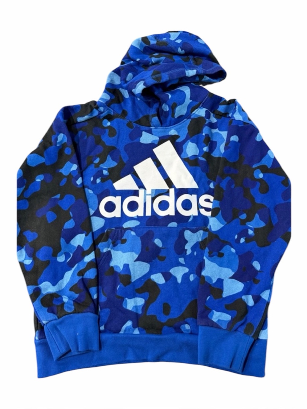 adidas Size 8 Boys Blue & Black Camo Logo Pullover Hoodie. Pre-Loved